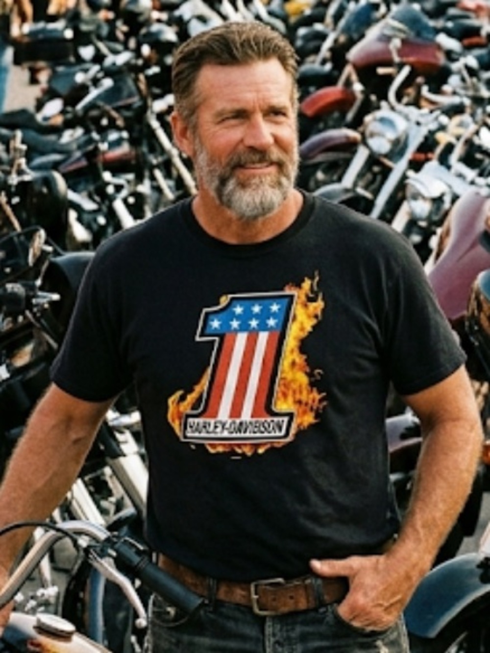 Harley-Davidson Black Tee with Flame and Stars Design